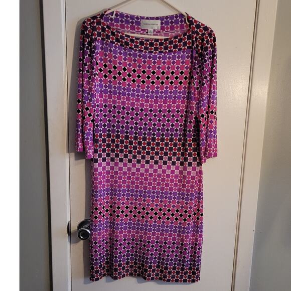 DONNA MORGAN Retro Mod Geometric Shift Dress Sz 8 Pink Purple Stretch Work Party - Picture 9 of 10